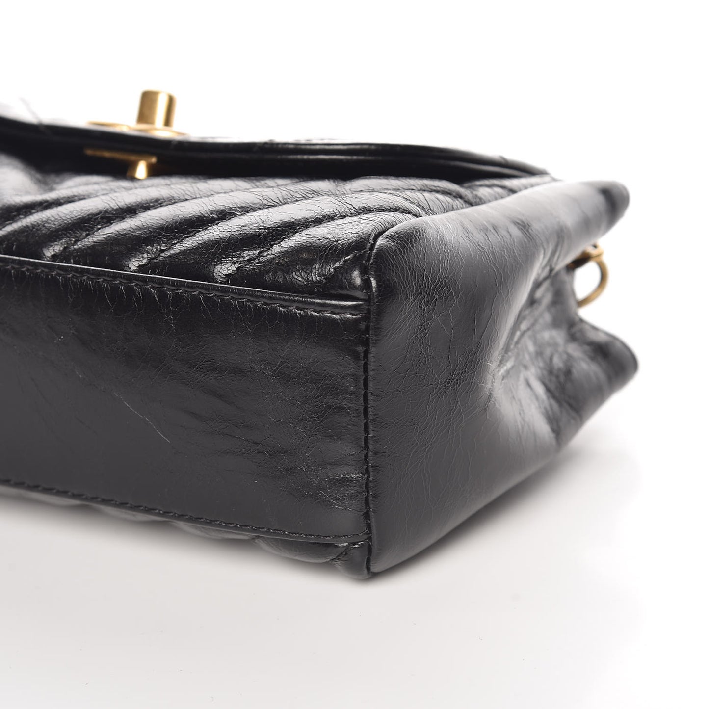 Glazed Calfskin Chevron Quilted Small Hampton Flap Black
