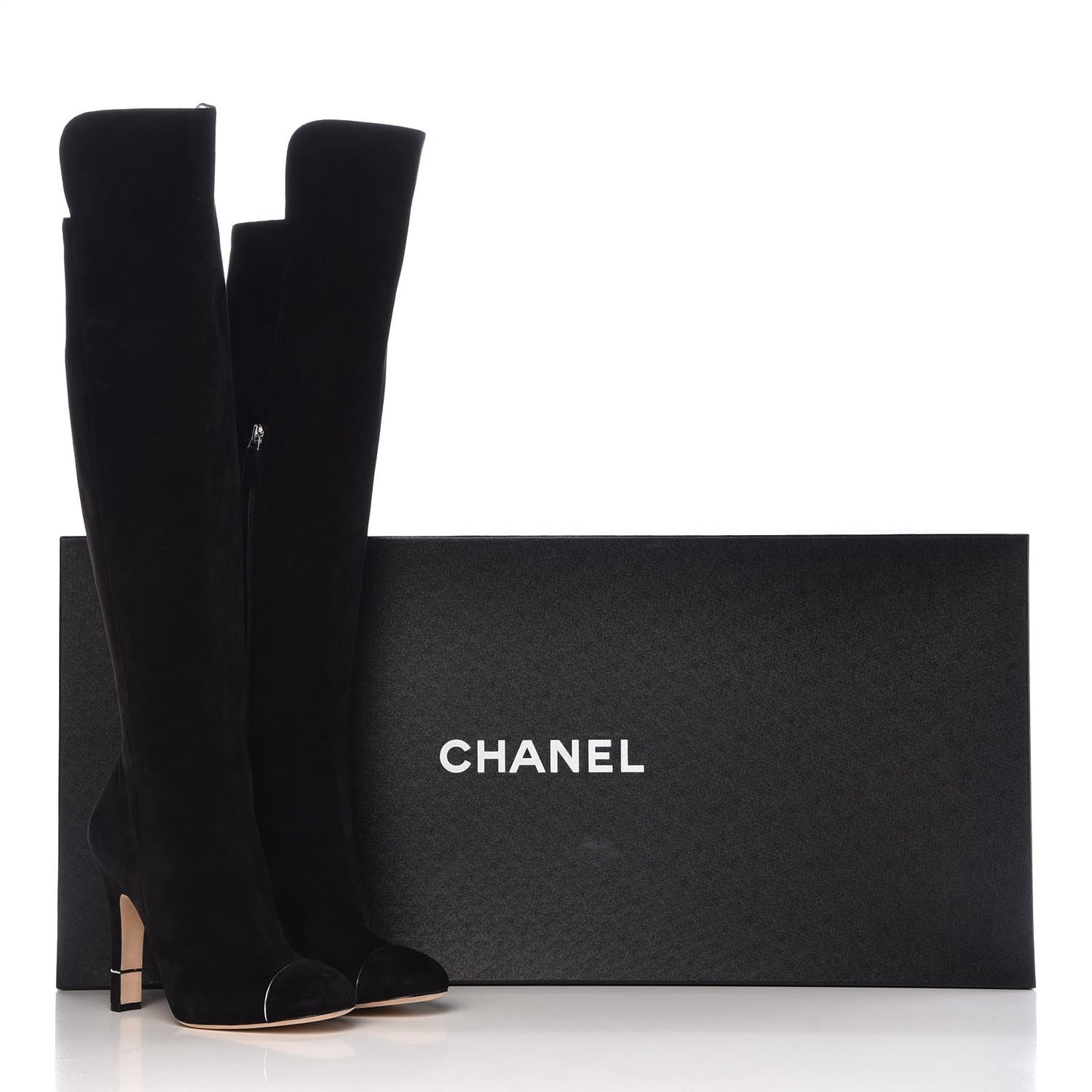 Suede Calfskin CC Cap Toe Knee High Boots 40 Black