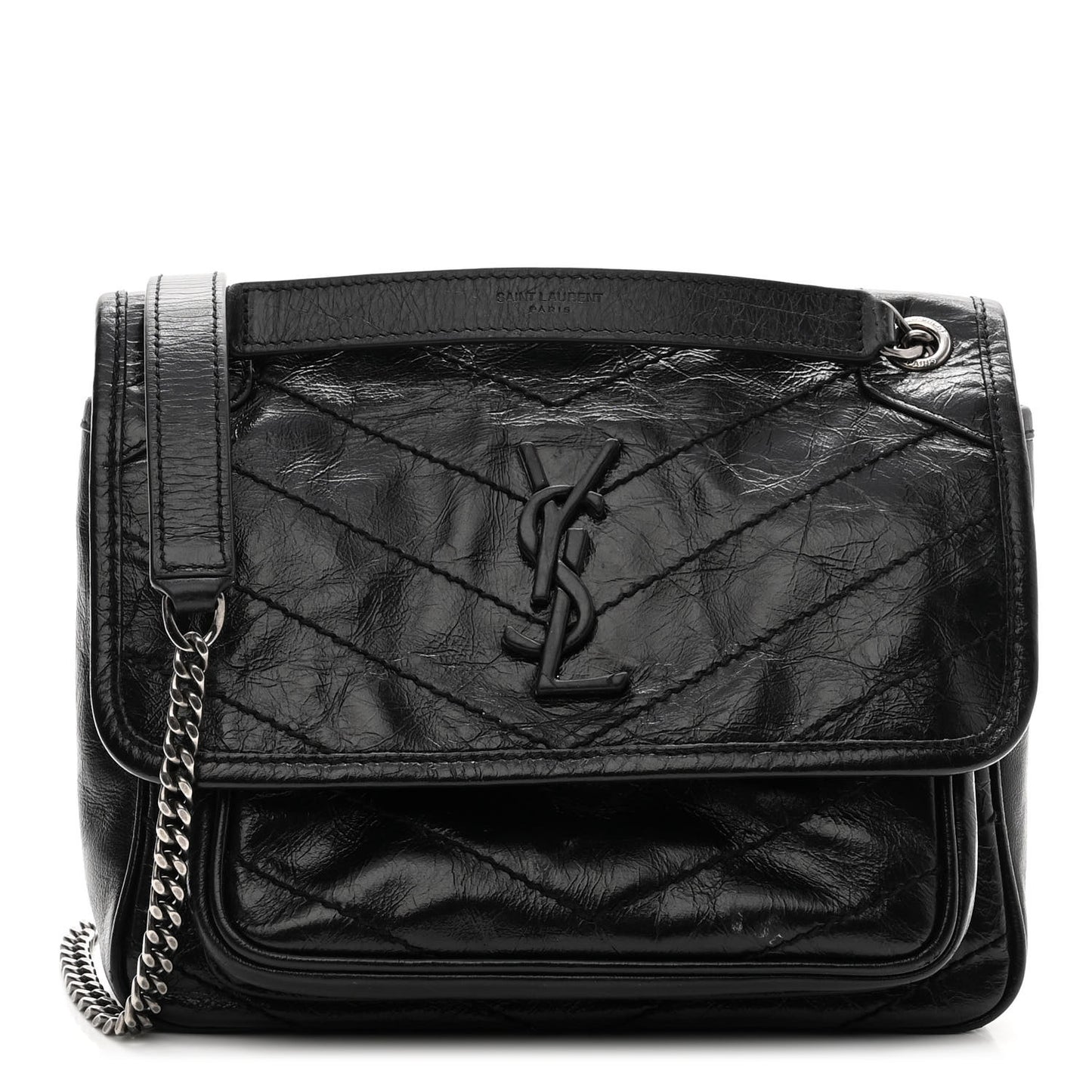 Crinkled Calfskin Matelasse Monogram Baby Niki Chain Satchel Black