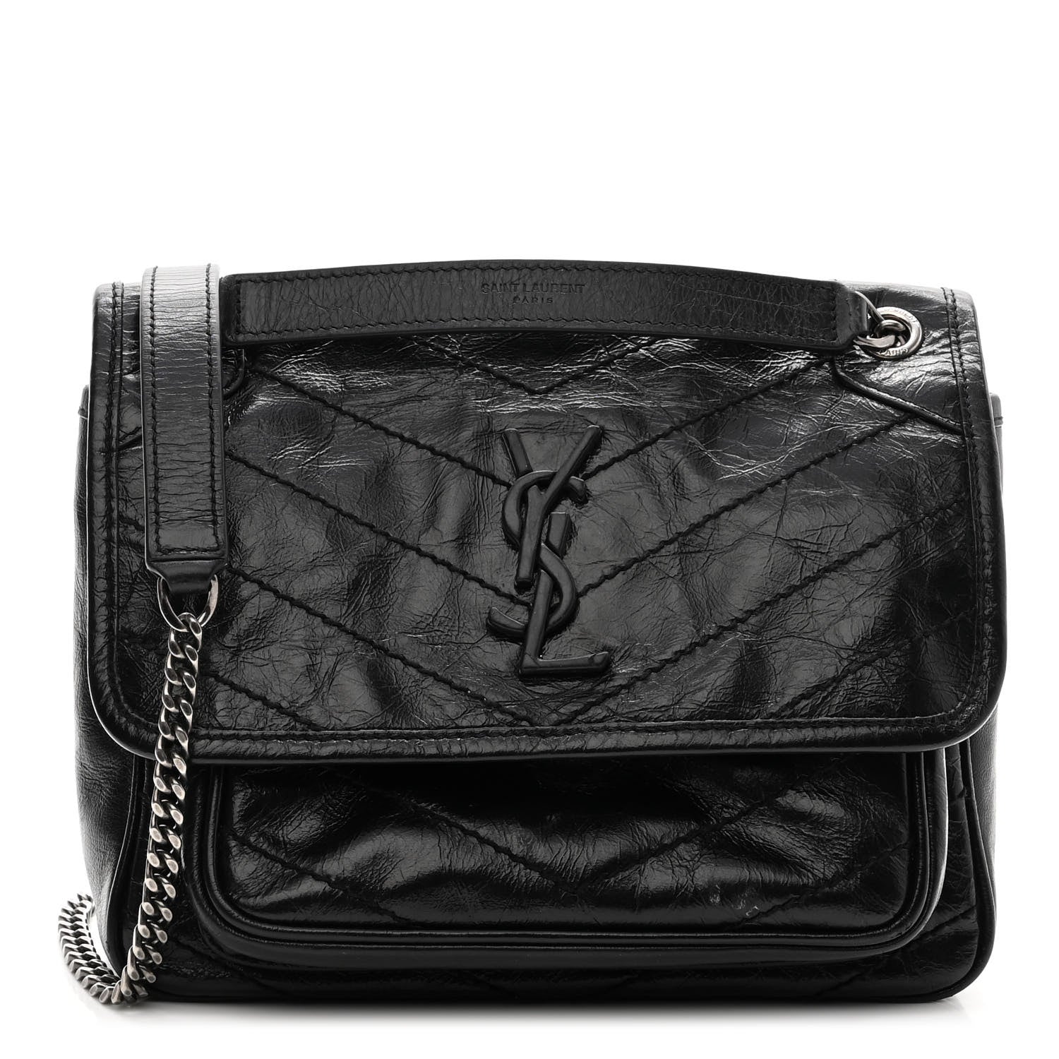 Saint Laurent Crinkled Calfskin Matelasse Monogram Baby Niki Chain Satchel Black 1 of 10