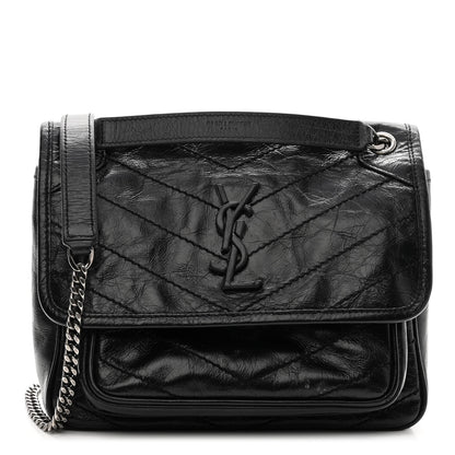 Saint Laurent Crinkled Calfskin Matelasse Monogram Baby Niki Chain Satchel Black 1 of 10