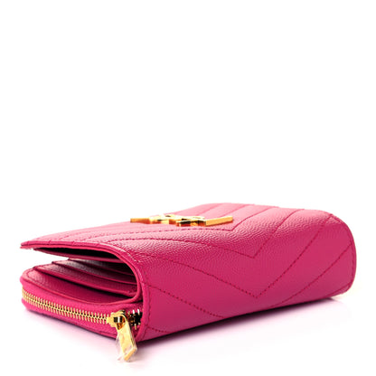 Saint Laurent Grain De Poudre Matelasse Chevron Monogram Compact Zip Around Wallet Fuxia Couture 4 of 8