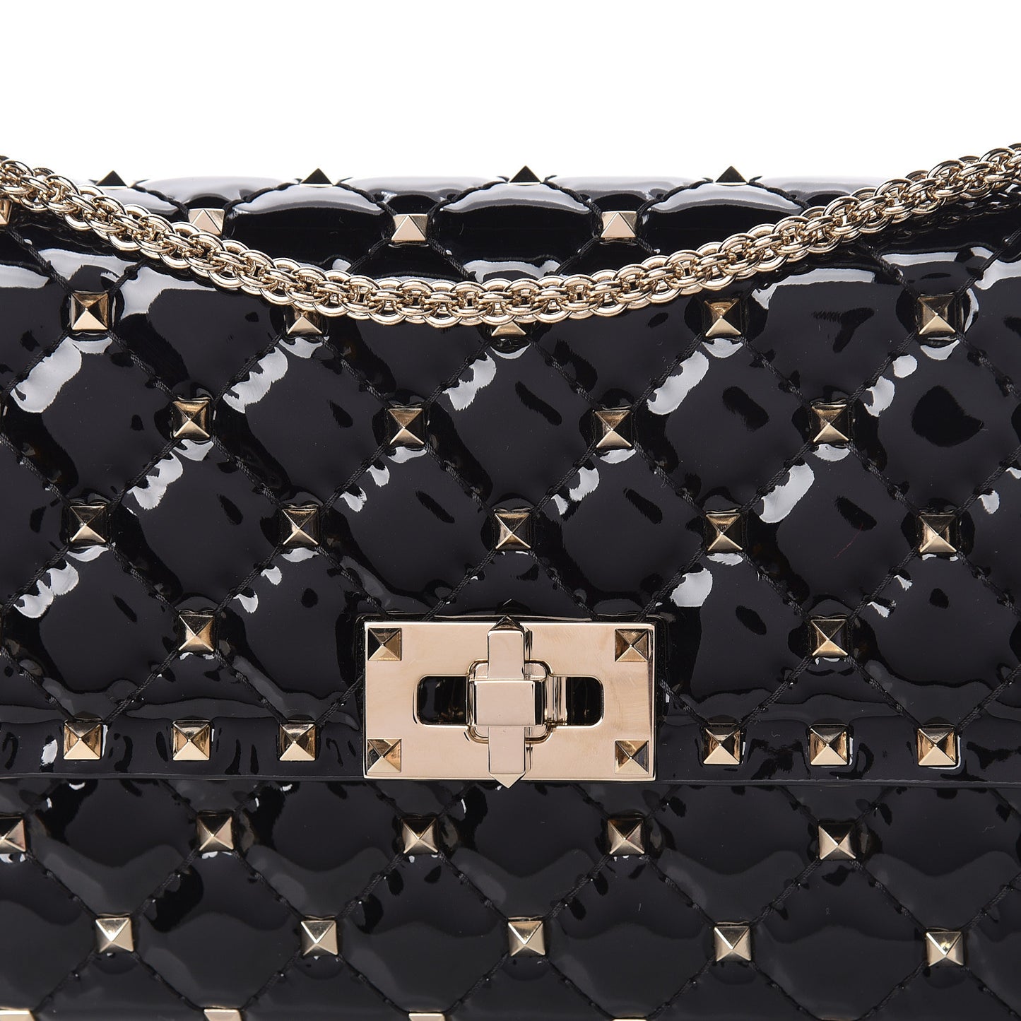 Patent Rockstud Spike Wallet on Chain Black