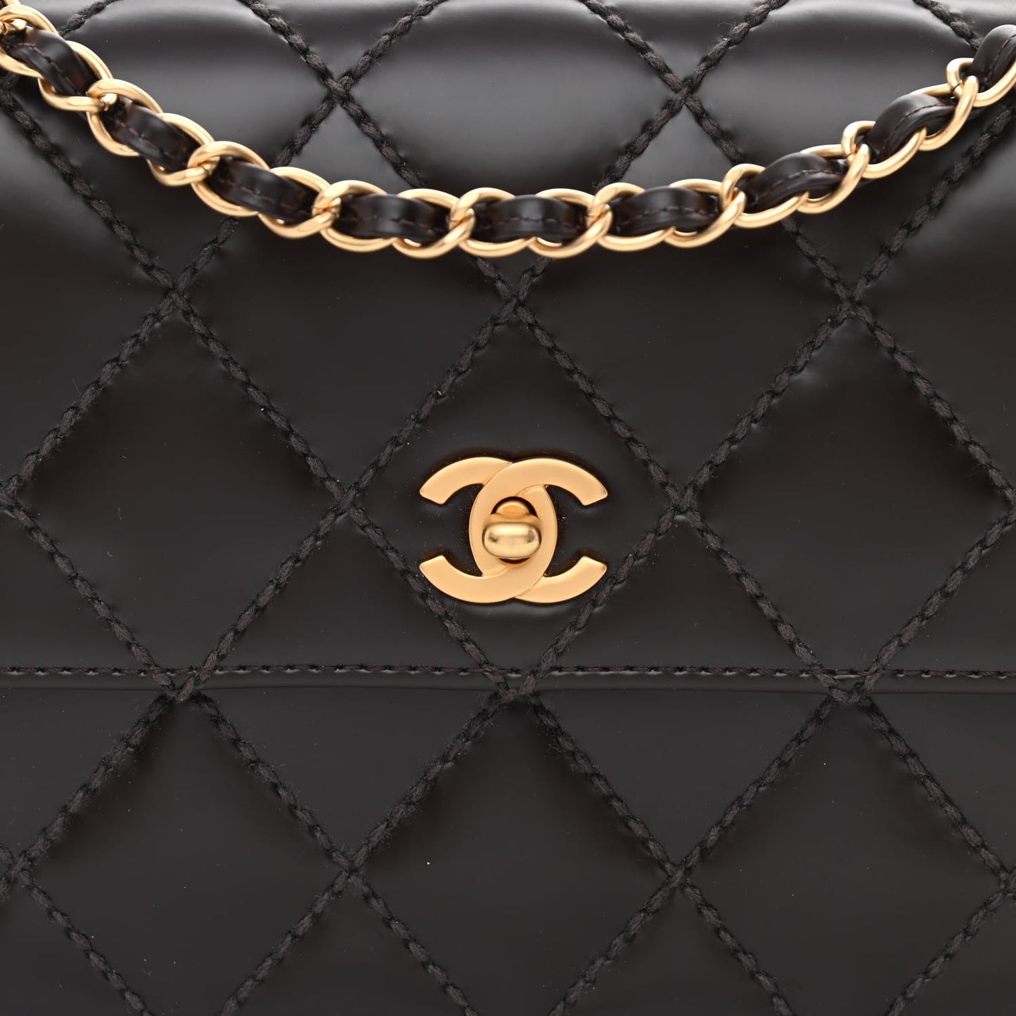 Glazed Calfskin Stitched Small Flap Brown