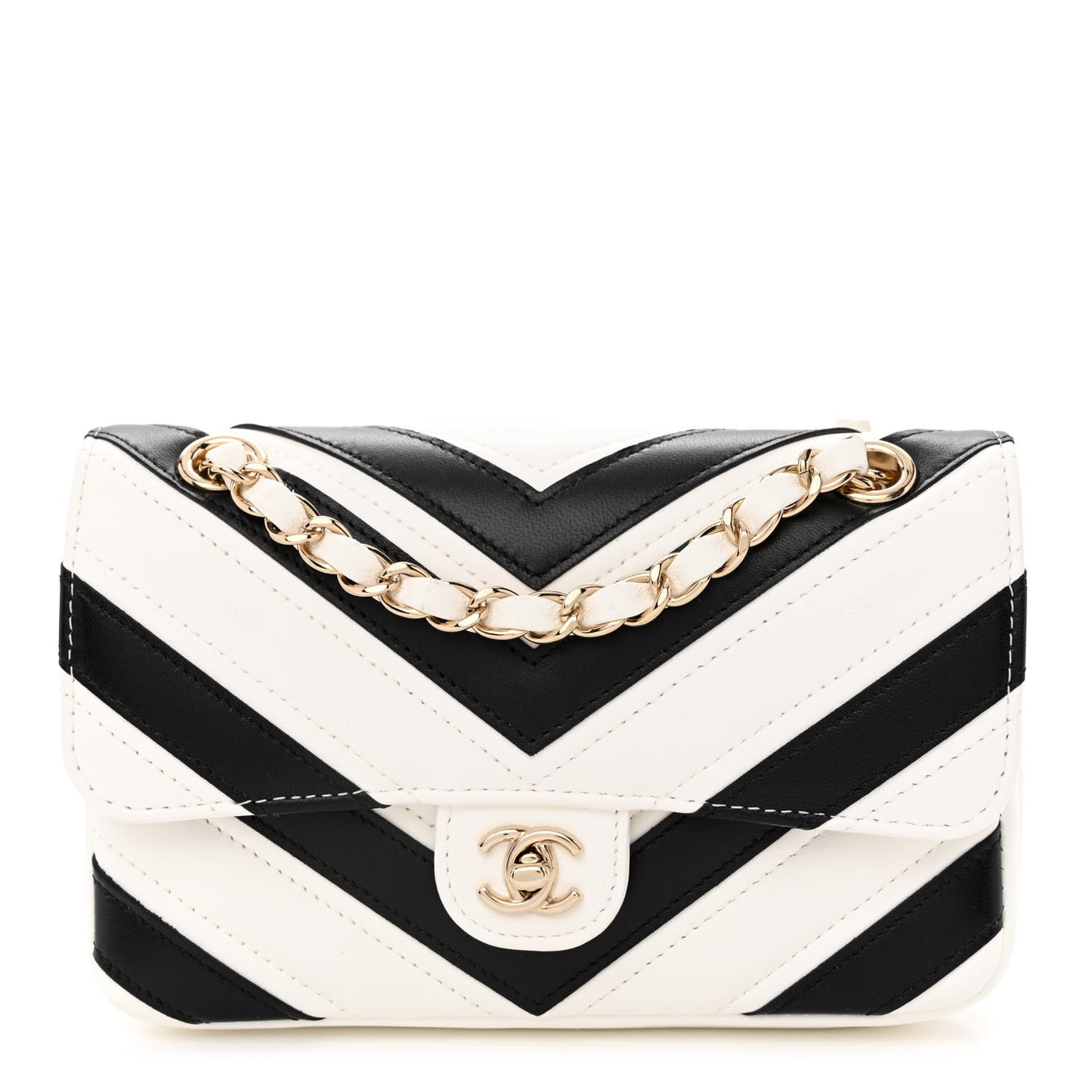 Lambskin Chevron Stitched Flap White Black