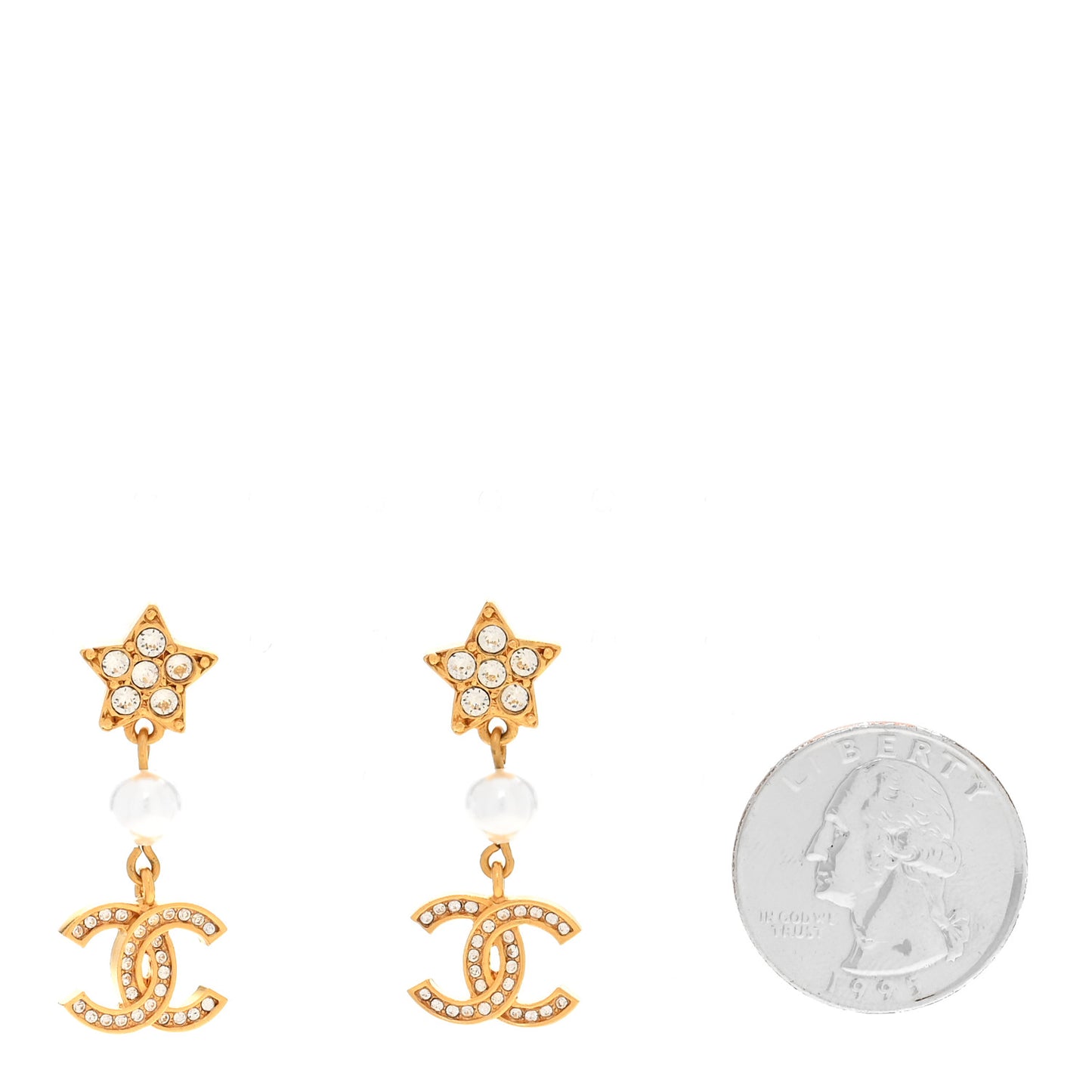 Metal Crystal Pearl CC Star Drop Earrings Gold Pearly White