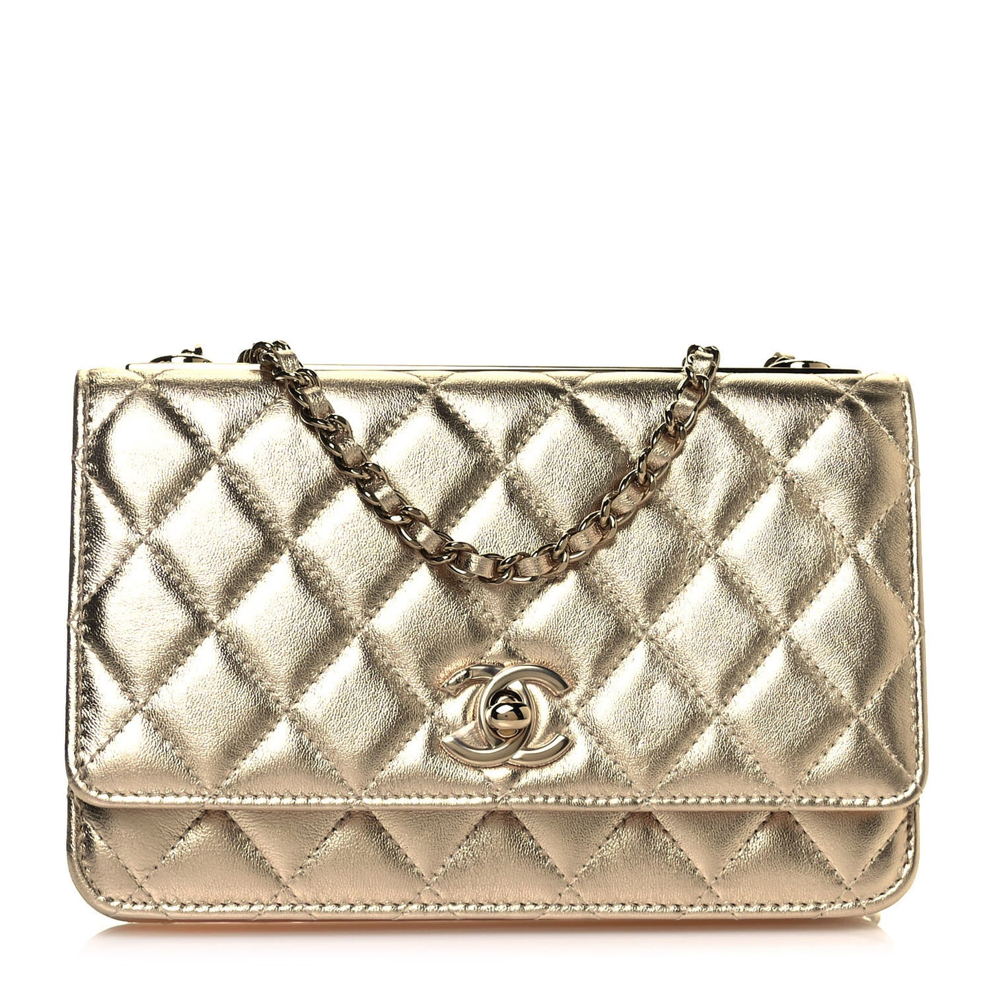Metallic Lambskin Quilted Trendy CC Wallet On Chain WOC Gold