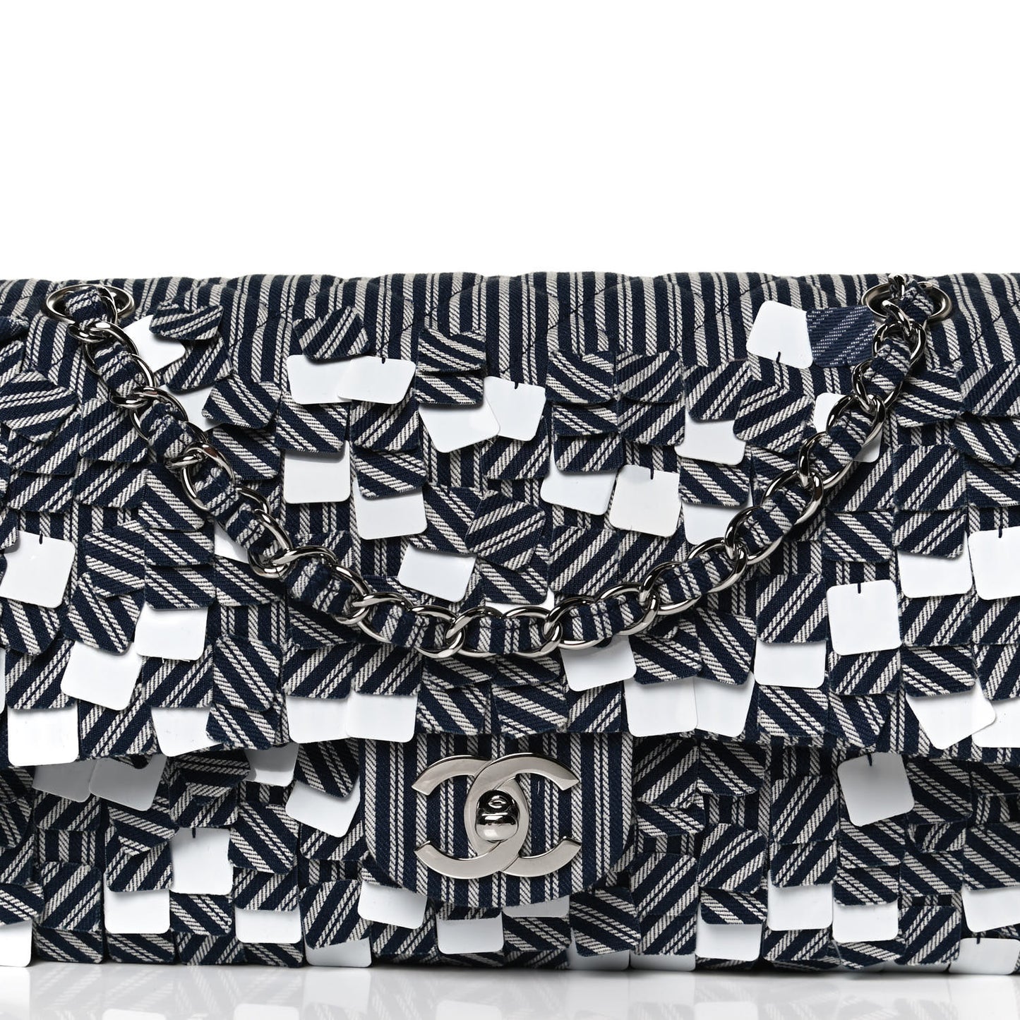 Canvas Sequin Stripe Medium Double Flap Navy Blue