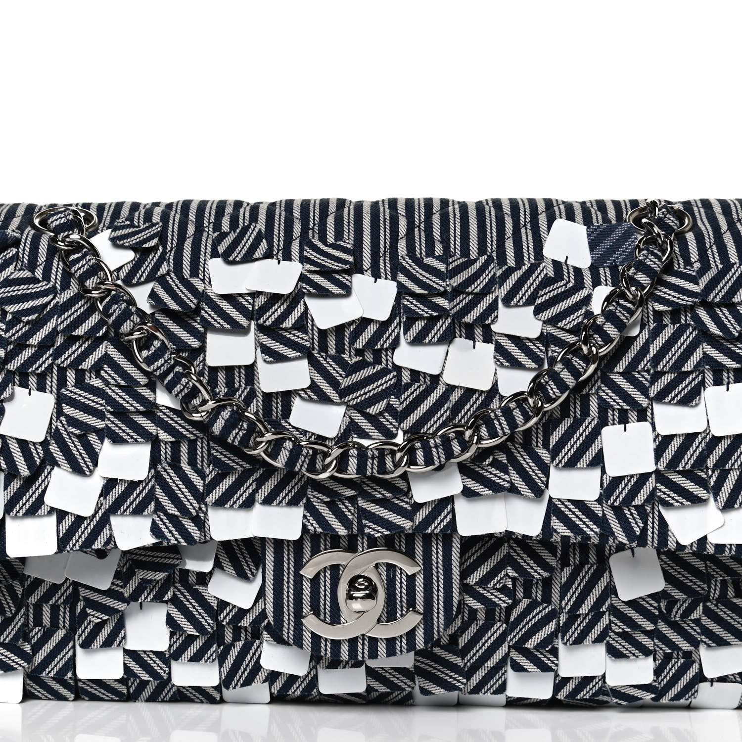 Chanel Canvas Sequin Stripe Medium Double Flap Navy Blue 9 of 12