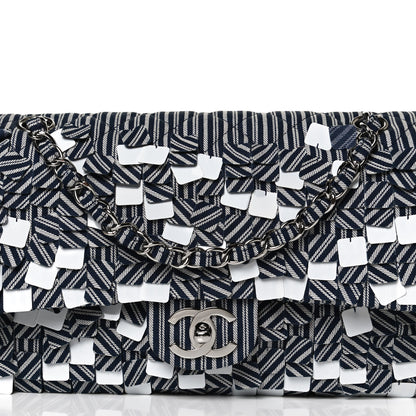 Chanel Canvas Sequin Stripe Medium Double Flap Navy Blue 9 of 12