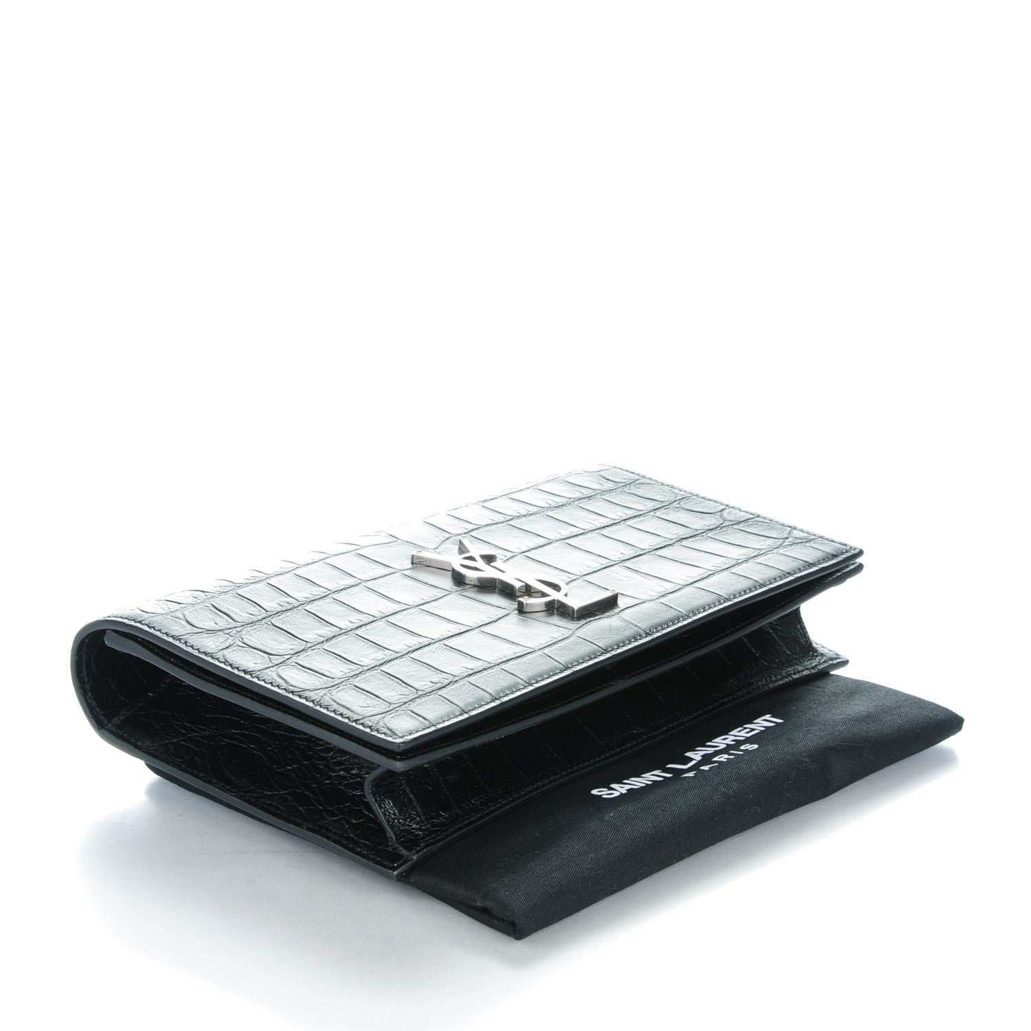 Saint Laurent Calfskin Crocodile Embossed Classic Kate Monogram Clutch Black 4 of 7