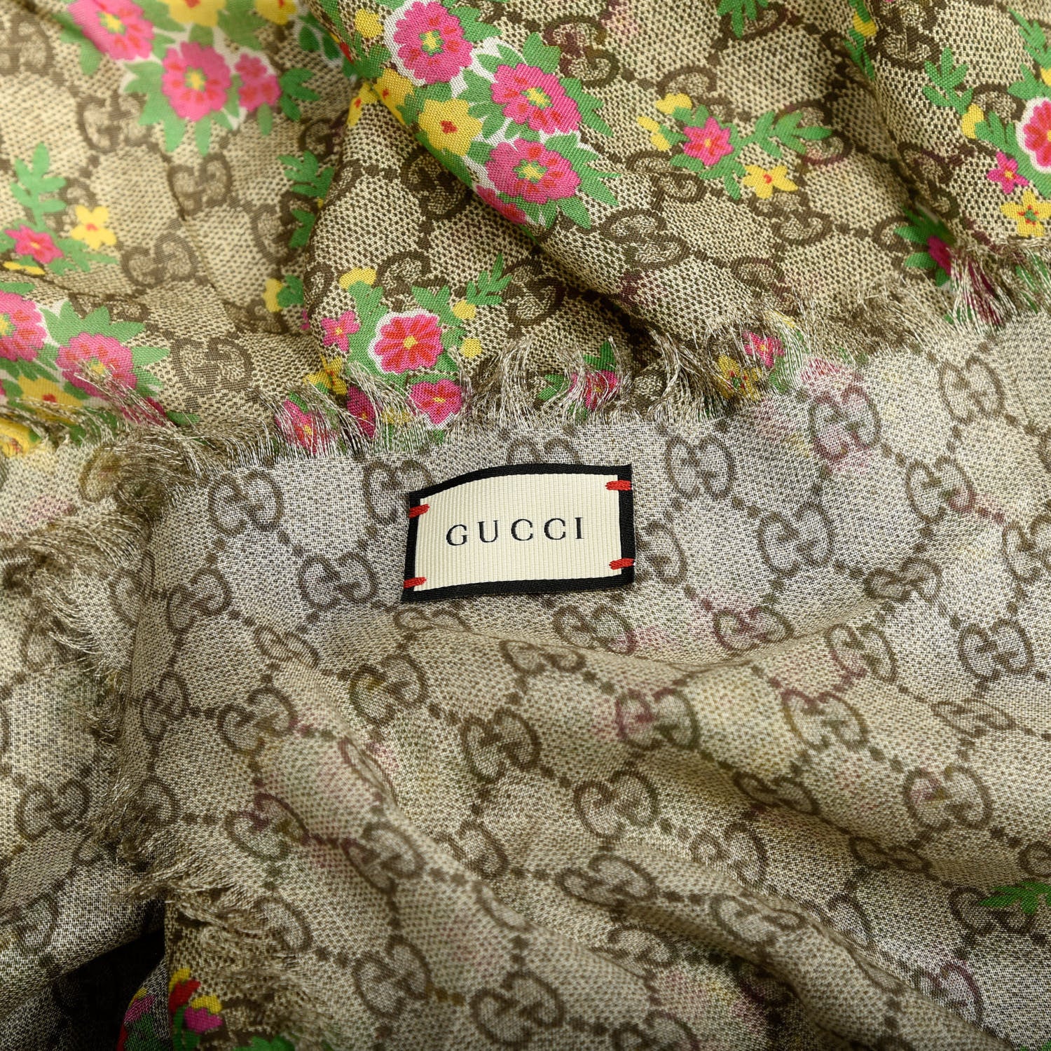 Gucci Modal Silk GG Monogram Velvet Bouquet GG Square Shawl Beige Pink 3 of 3