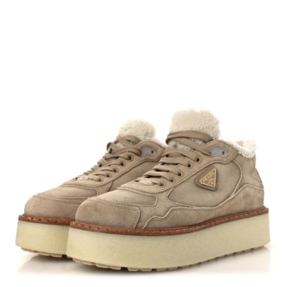 Prada Suede Shearling Mid Top Sneakers 41 Ecru 4 of 10
