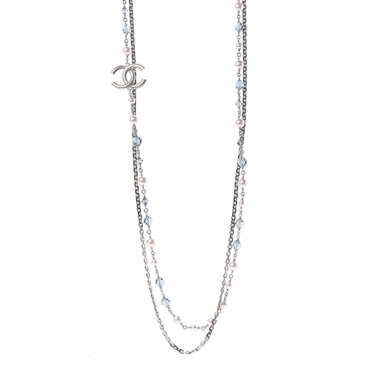 Pearl Crystal Bead CC Long Necklace Silver Blue