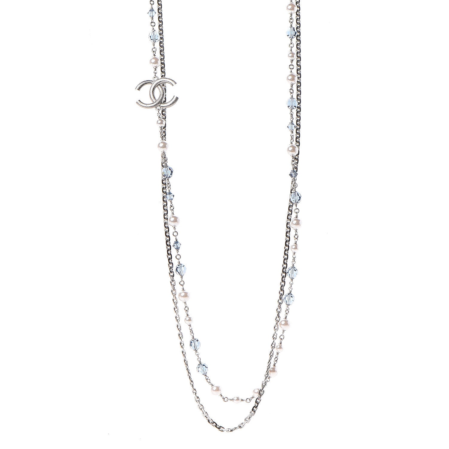 Chanel Pearl Crystal Bead CC Long Necklace Silver Blue 1 of 3