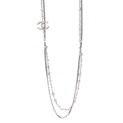 Chanel Pearl Crystal Bead CC Long Necklace Silver Blue 1 of 3