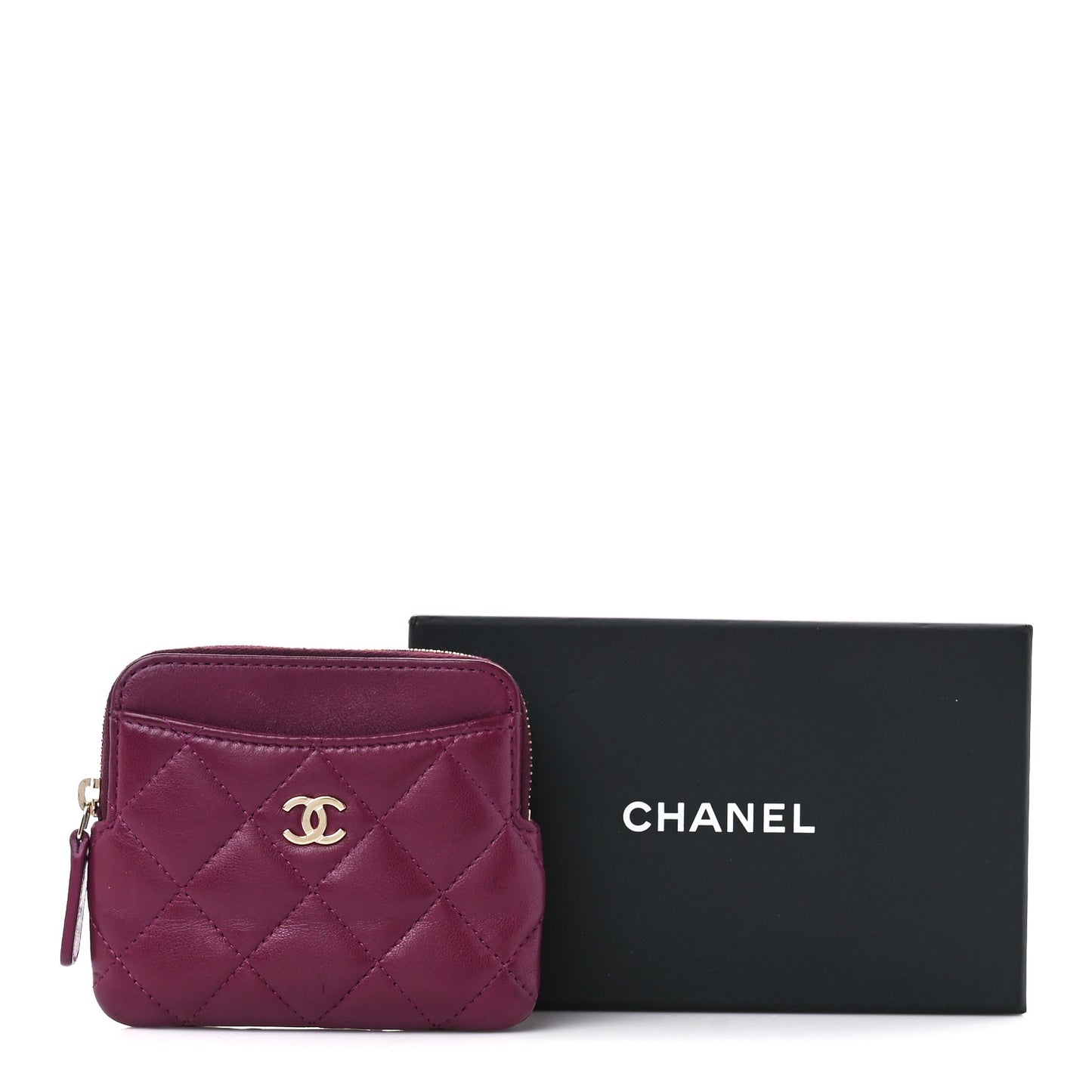 Lambskin Quilted Zip Card Holder Wallet Burgundy