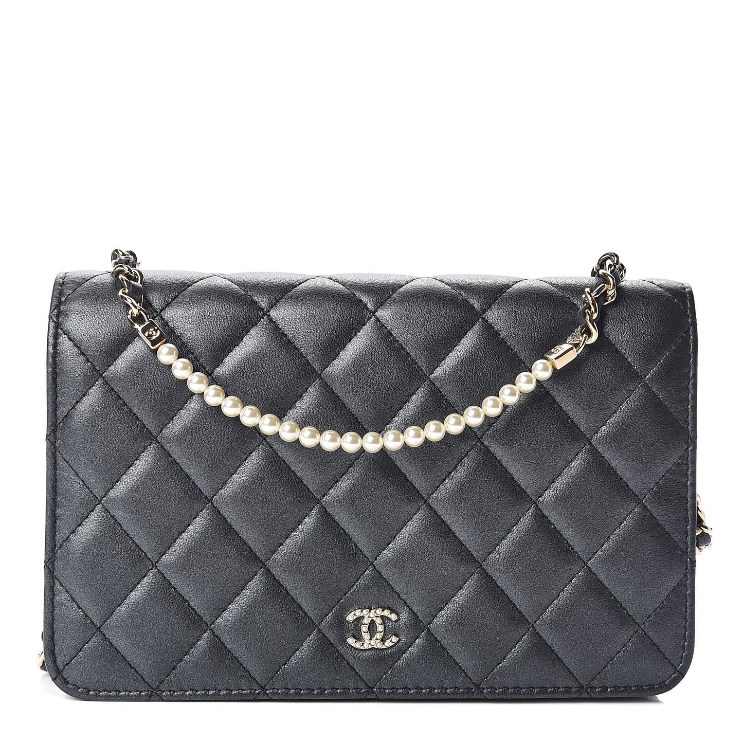 Iridescent Lambskin Quilted Pearl Wallet On Chain WOC Black