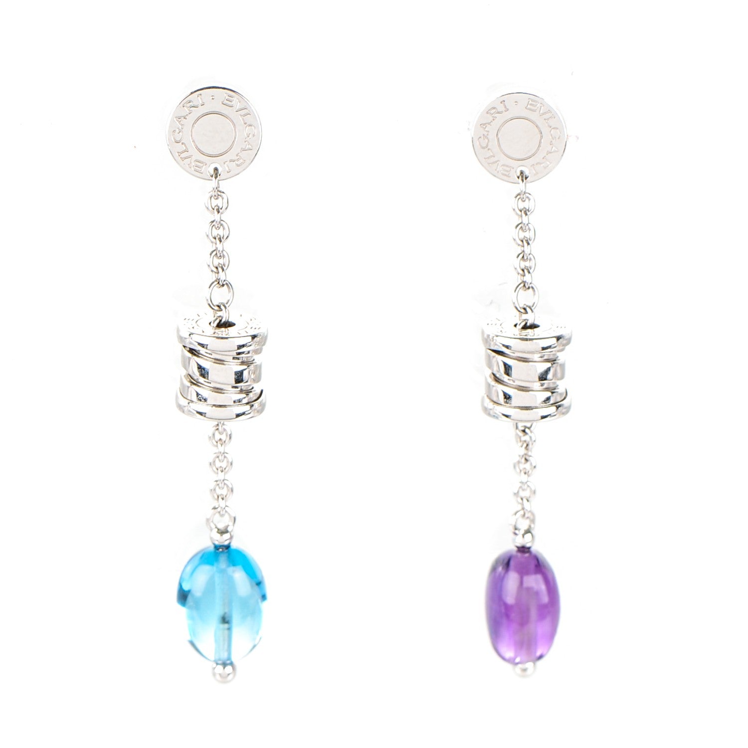 Bulgari 18K White Gold Amethyst Blue Topaz B.Zero1 Drop Earrings 1 of 6