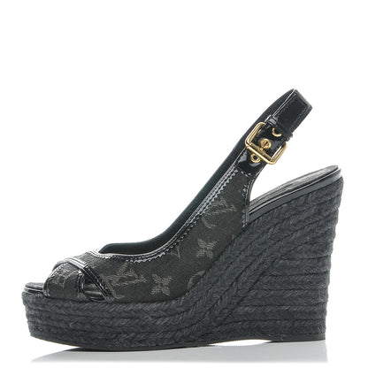 Louis Vuitton Denim Patent Espadrille Wedges 37.5 Black 1 of 7