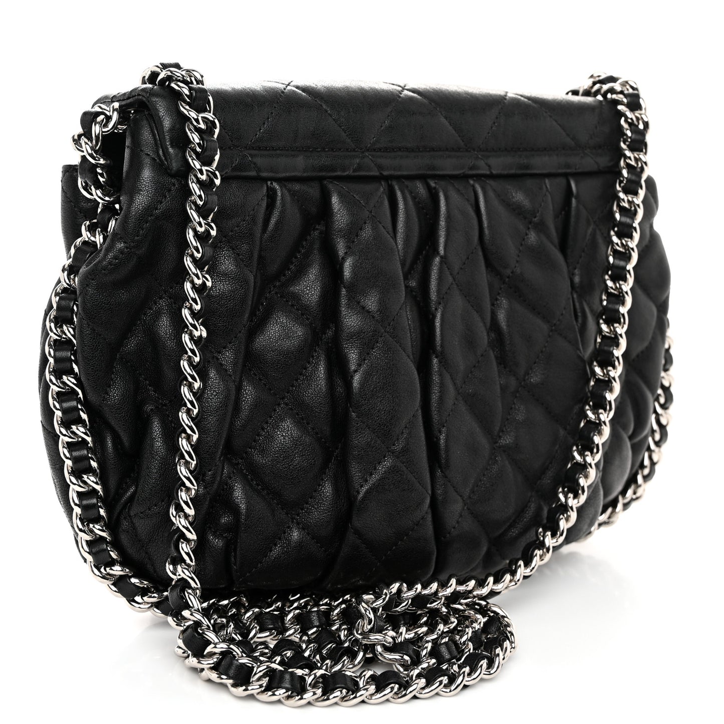 Washed Lambskin Quilted Medium Chain Around Flap Black