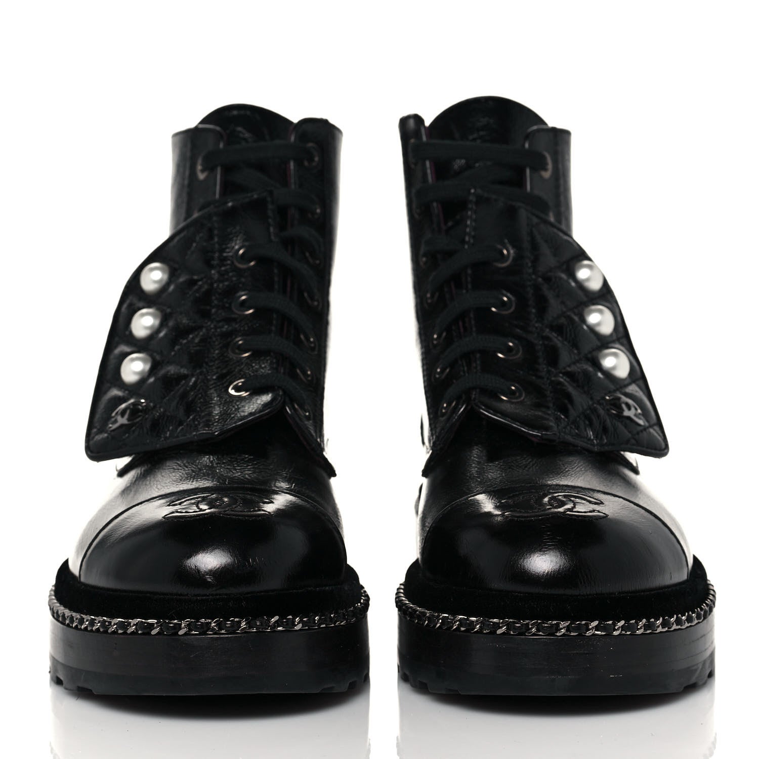 Chanel Crackled Calfskin Velvet Pearl Combat Short Boots 36.5 Black 2 of 6