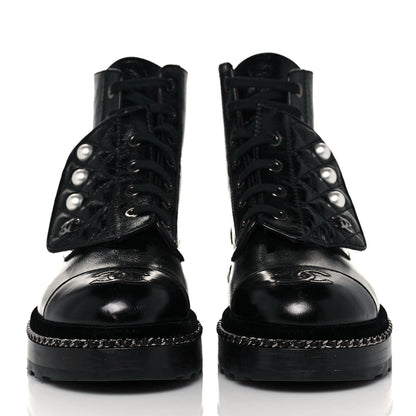 Chanel Crackled Calfskin Velvet Pearl Combat Short Boots 36.5 Black 2 of 6