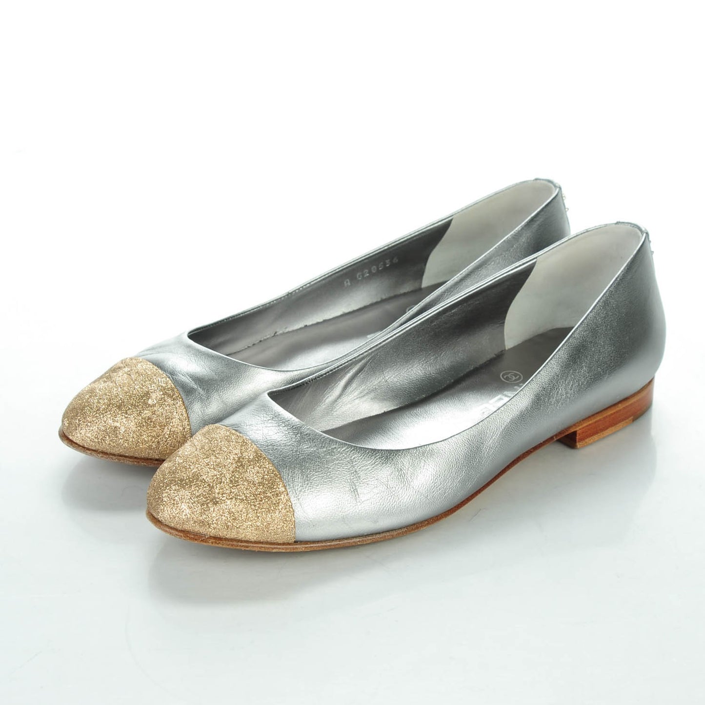 Metallic Lambskin Crystal Cap Toe CC Ballerina Flats 39 Silver Gold