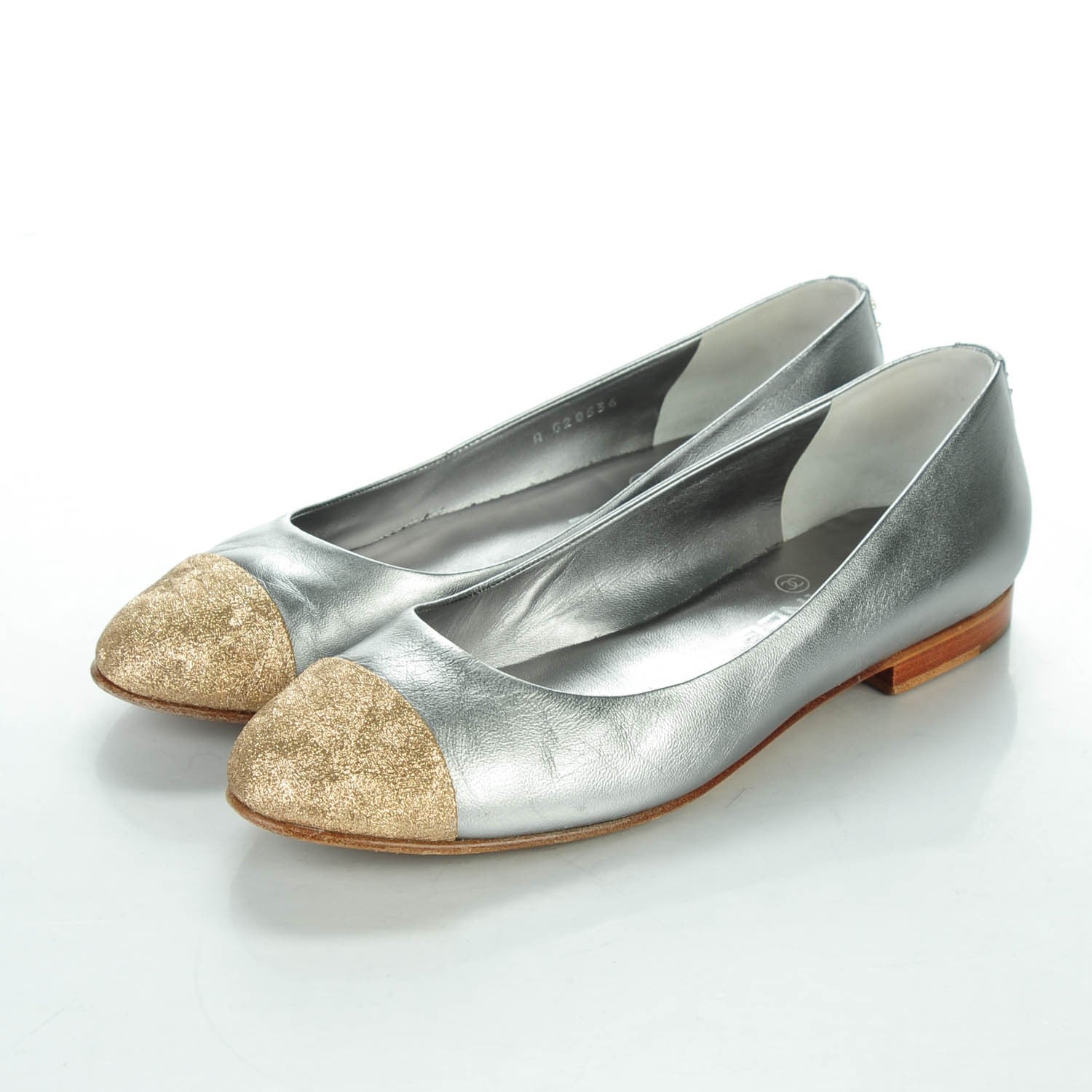 Chanel Metallic Lambskin Crystal Cap Toe CC Ballerina Flats 39 Silver Gold 3 of 8