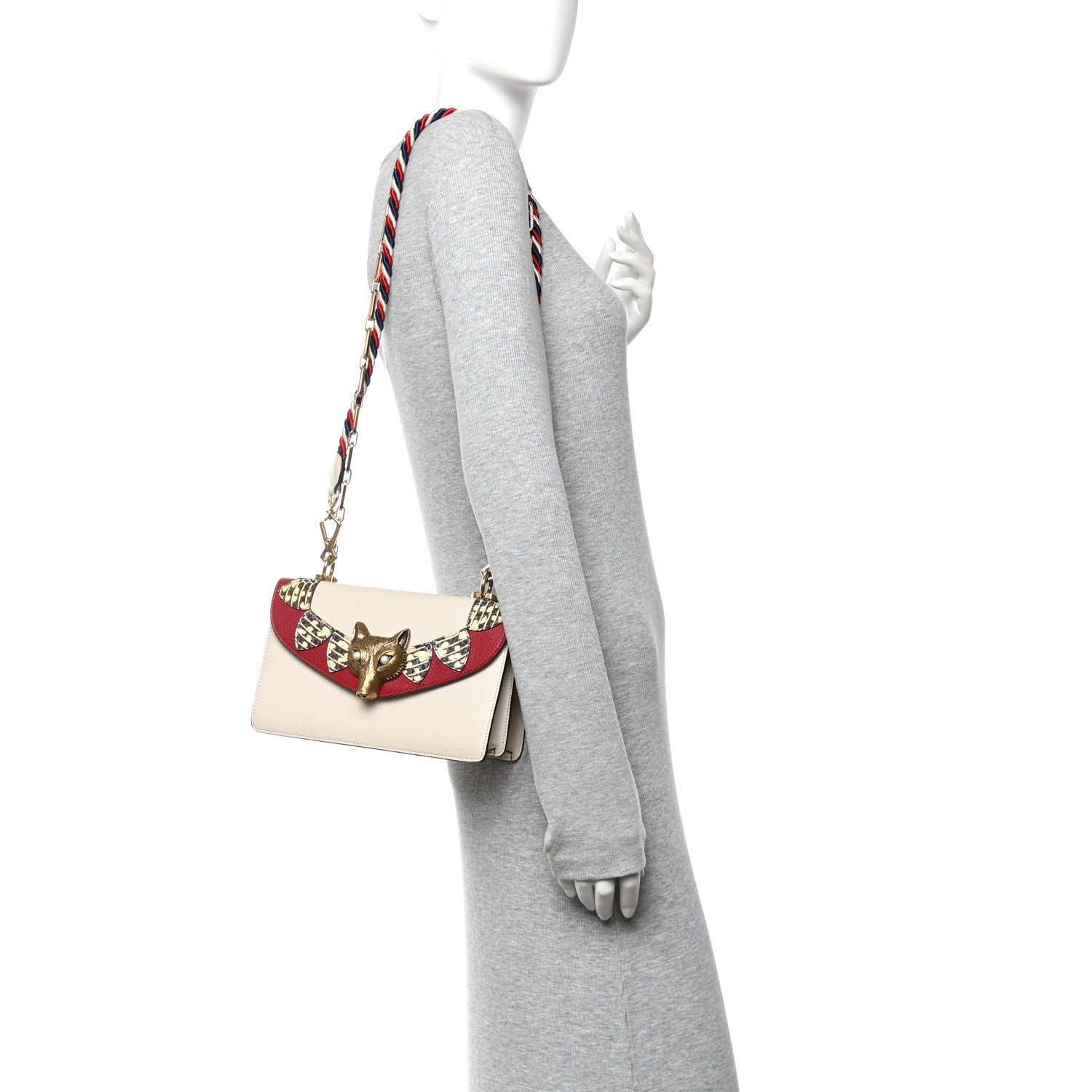 Gucci Goatskin Snakeskin Fox Broche Shoulder Bag White Red 1849764