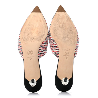 Chanel Tweed Grosgrain Pearl Cap Toe Mules 37 Black Red 5 of 9