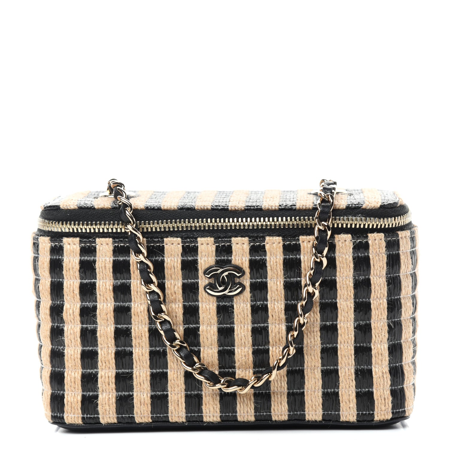 Chanel Raffia Jute Striped Small Vanity Case With Chain Black Beige 1 of 10
