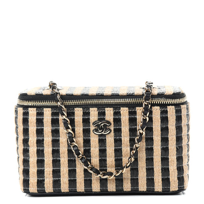 Chanel Raffia Jute Striped Small Vanity Case With Chain Black Beige 1 of 10