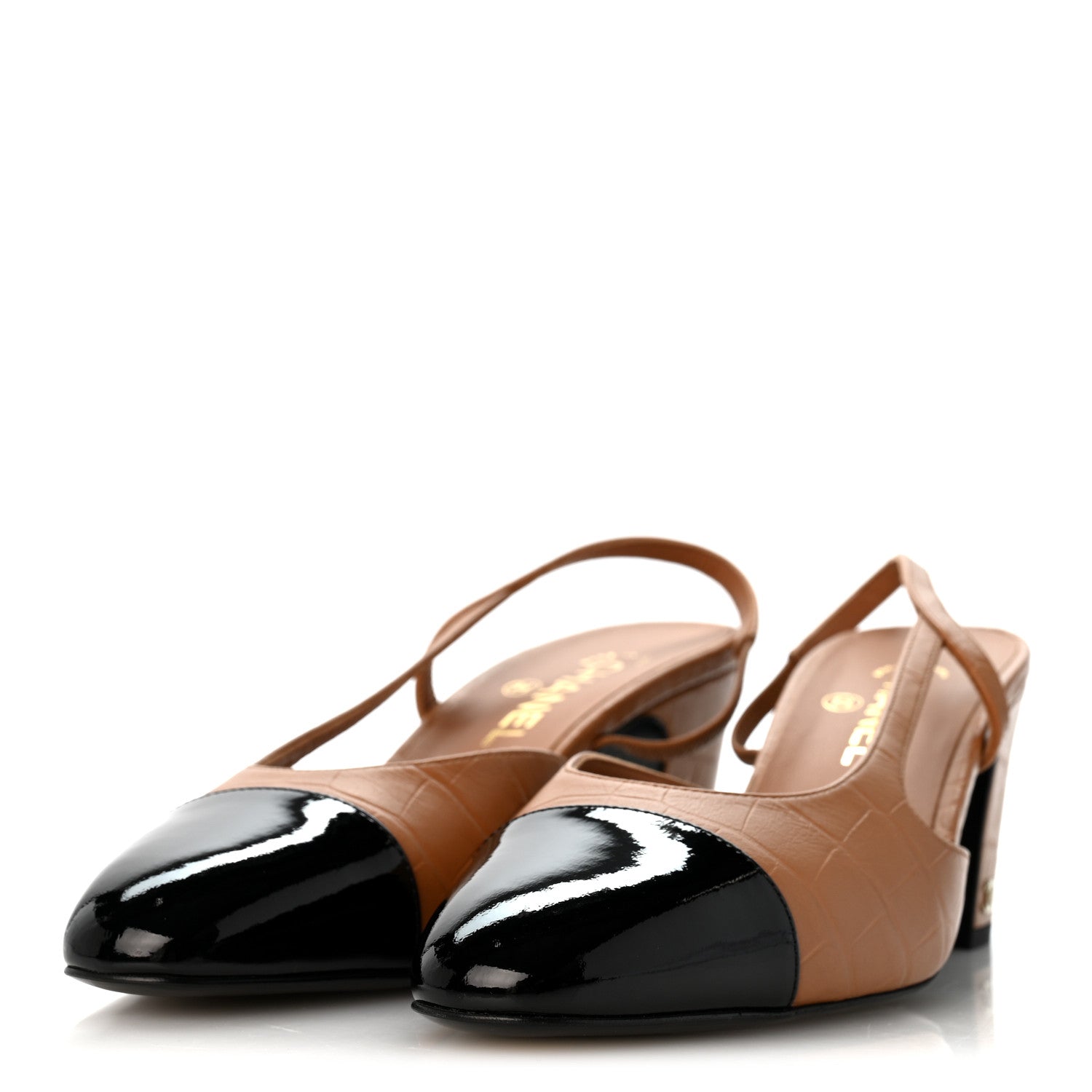 Chanel Calfskin Crocodile Embossed Patent Cap Toe CC Slingback Pumps 41.5 Light Brown Black 4 of 9