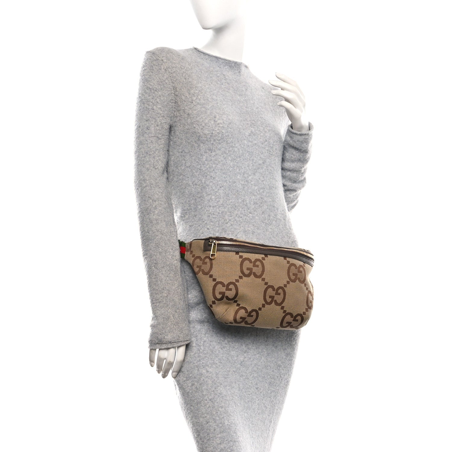 Gucci Monogram Jumbo GG Textured Dollar Calfskin Web Belt Bag Camel Ebony New Acero 2 of 11