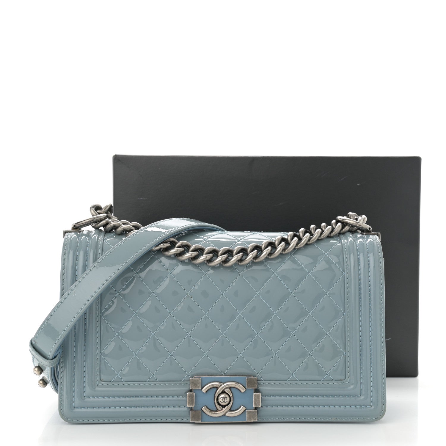 Chanel Patent Calfskin Medium Plexiglass Boy Flap Light Blue 16 of 16