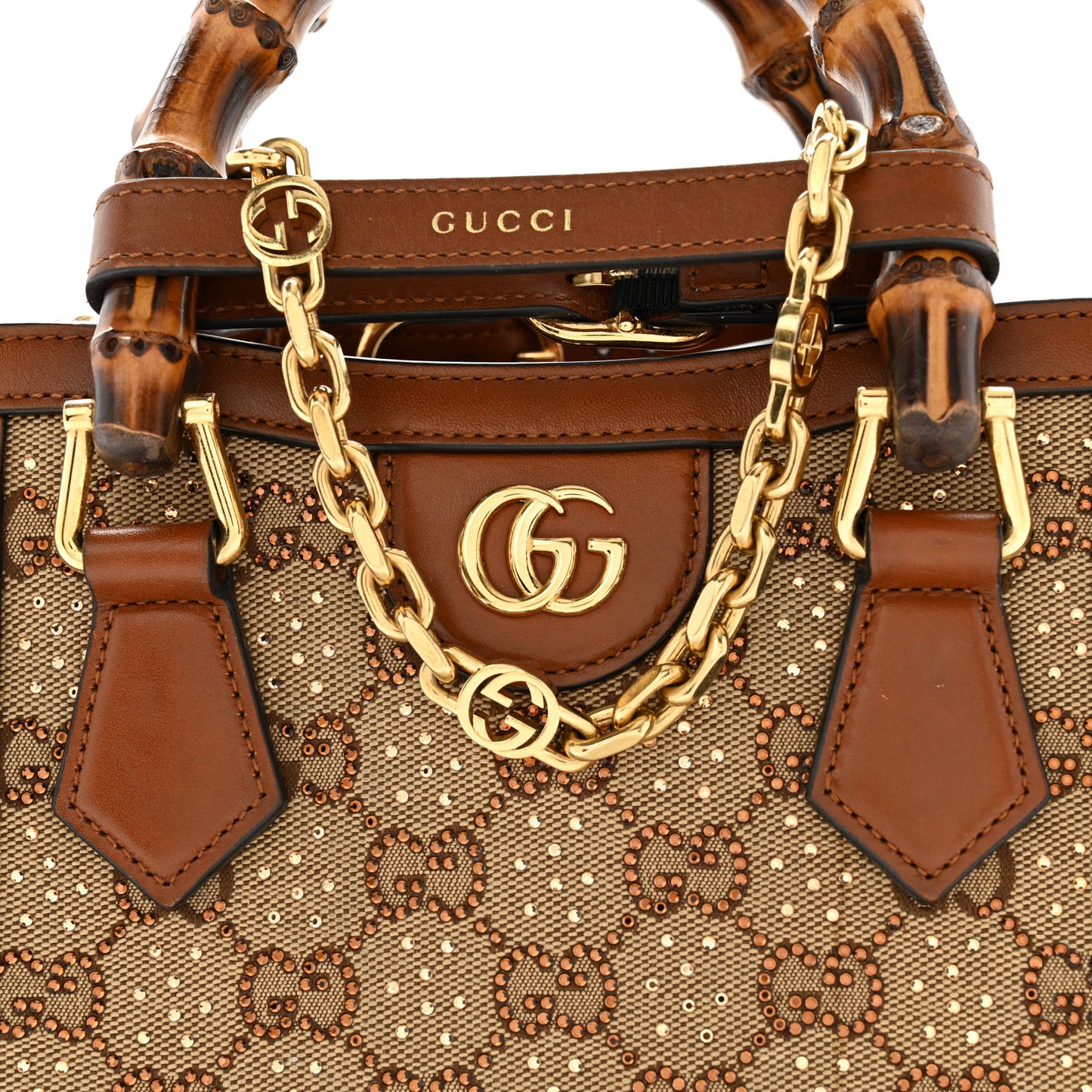 New Canvas Charisma Calfskin Crystal GG Monogram Mini Diana Tote Bag Camel Ebony