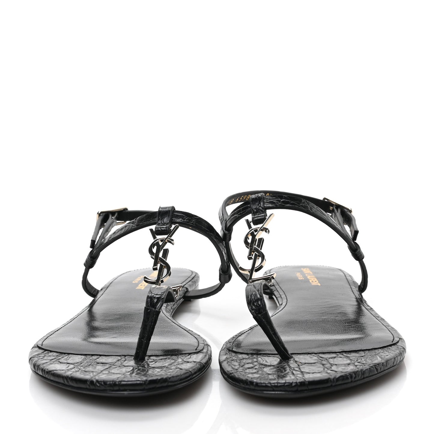 Calfskin Crocodile Embossed Cassandra Monogram Sandals 40.5 Black
