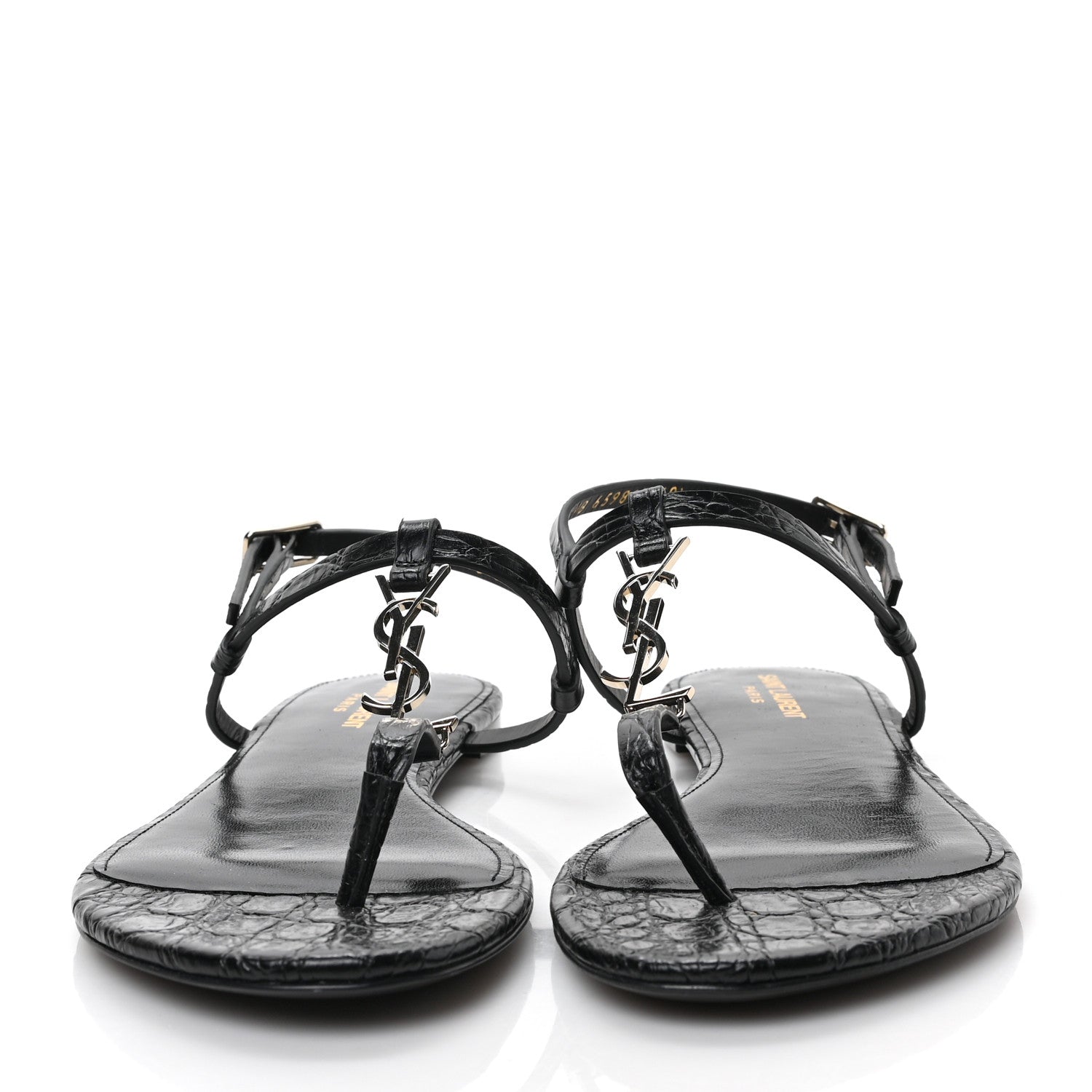 Saint Laurent Calfskin Crocodile Embossed Cassandra Monogram Sandals 40.5 Black 2 of 8