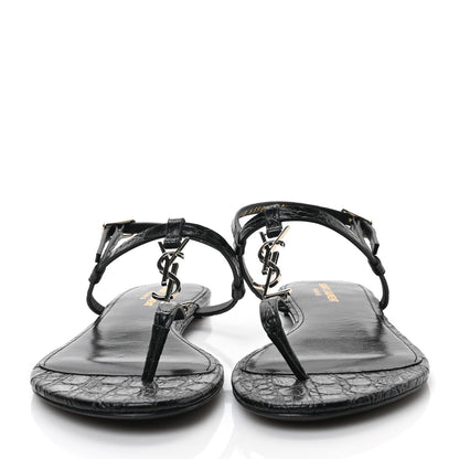 Saint Laurent Calfskin Crocodile Embossed Cassandra Monogram Sandals 40.5 Black 2 of 8