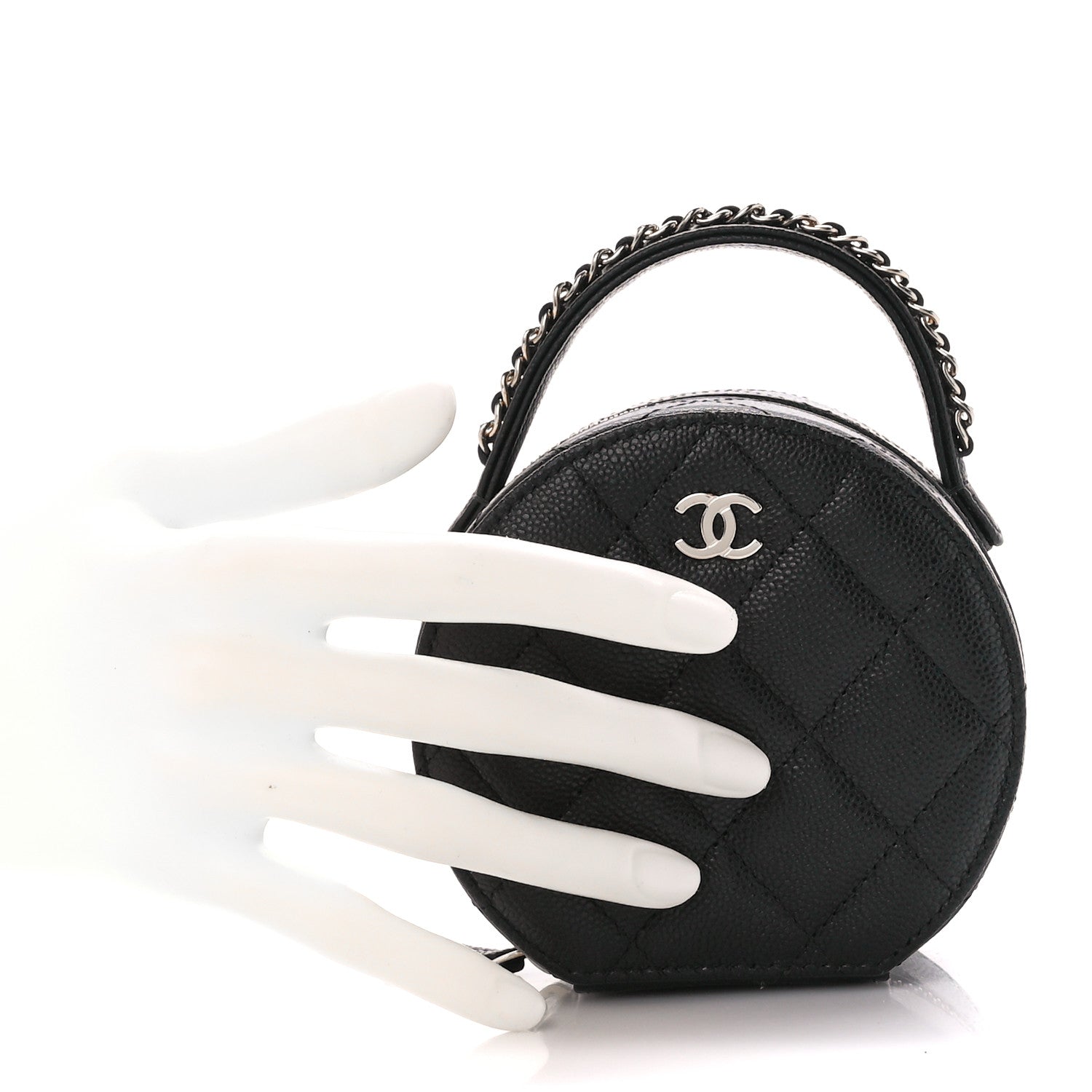 Chanel Caviar Quilted Round Top Handle Jewelry Case With Chain Black 2 of 13