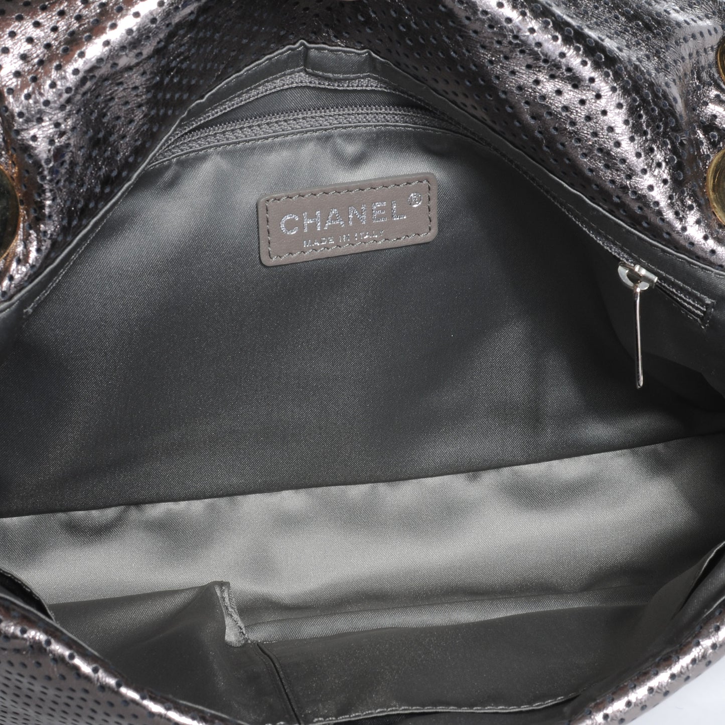 Metallic Crackled Calfskin Perforated Drill Flap Silver