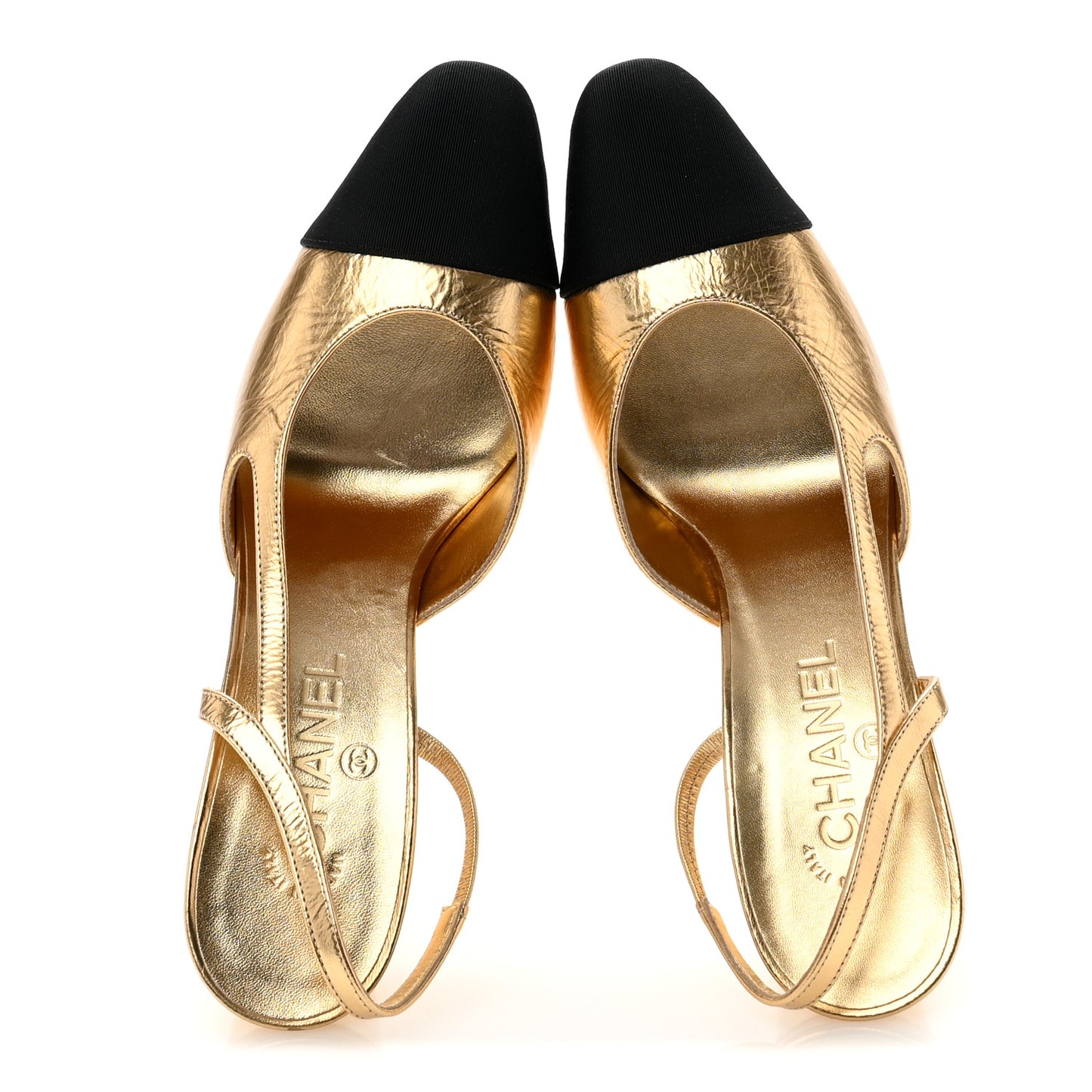 Laminated Crumpled Lambskin Grosgrain Cap Toe CC Slingback Pumps 39.5 Gold Black