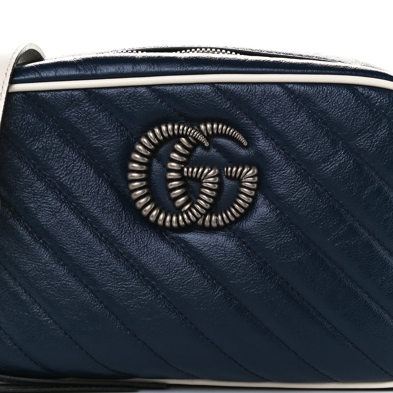 Gucci Vintage Effect Calfskin Matelasse Diagonal Small Torchon GG Marmont Chain Shoulder Bag Blue Agata Mystic White 9 of 11