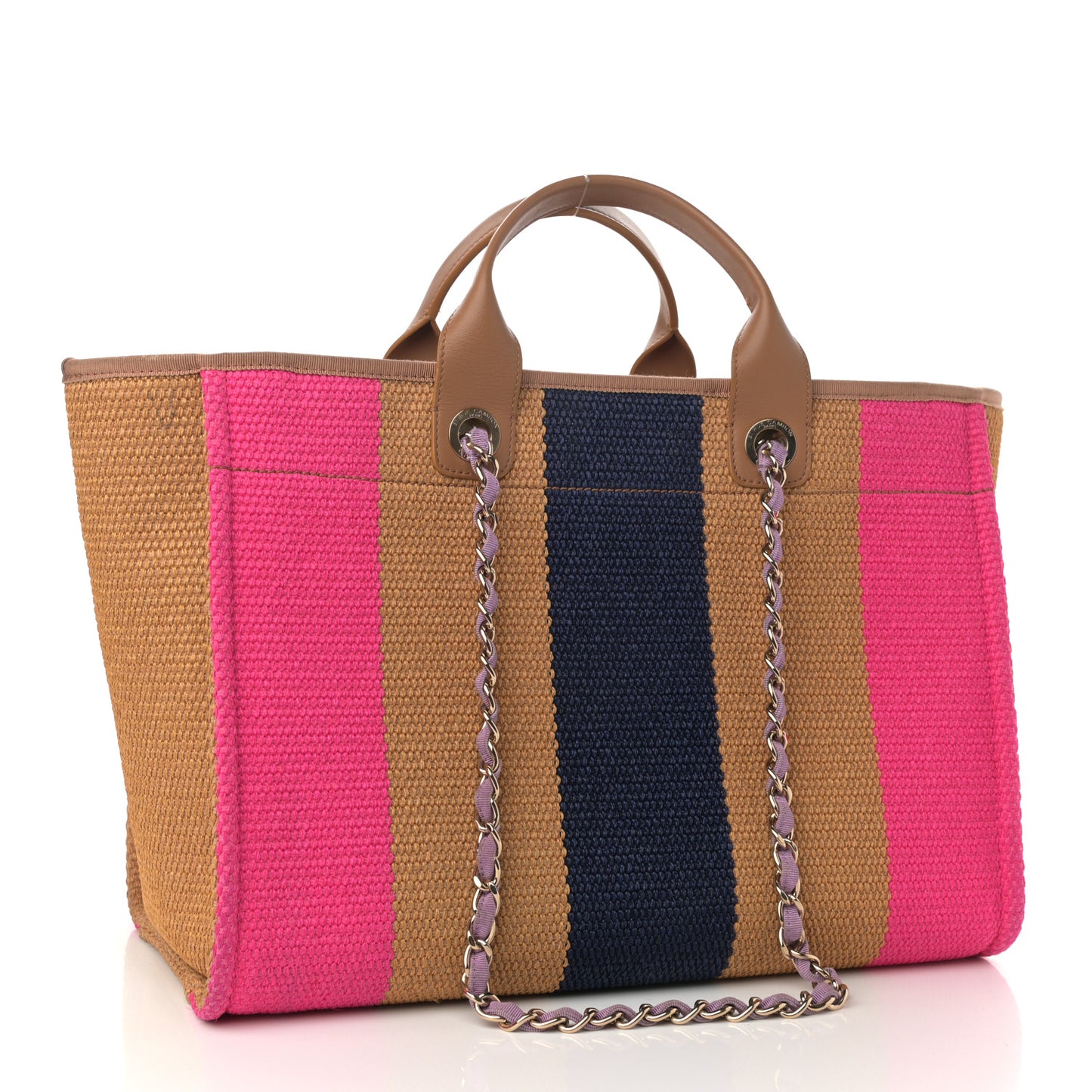 Straw Raffia Calfskin Striped Medium Deauville Tote Dark Beige Fuchsia Navy Blue