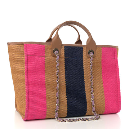 Chanel Straw Raffia Calfskin Striped Medium Deauville Tote Dark Beige Fuchsia Navy Blue 3 of 12