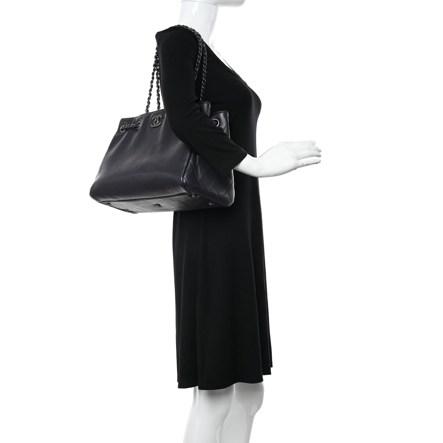 Metallic Grained Calfskin Woven Chain Medium Shopping Tote Dark Navy