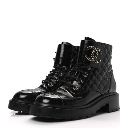 Chanel Shiny Calfskin Quilted Lace Up Combat Boots 39 Black 3 of 9