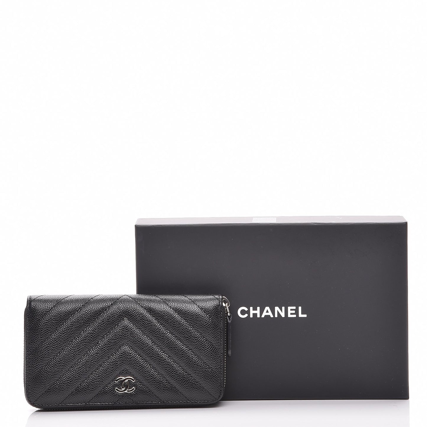 Caviar Chevron Quilted Small Zip Around Wallet Black