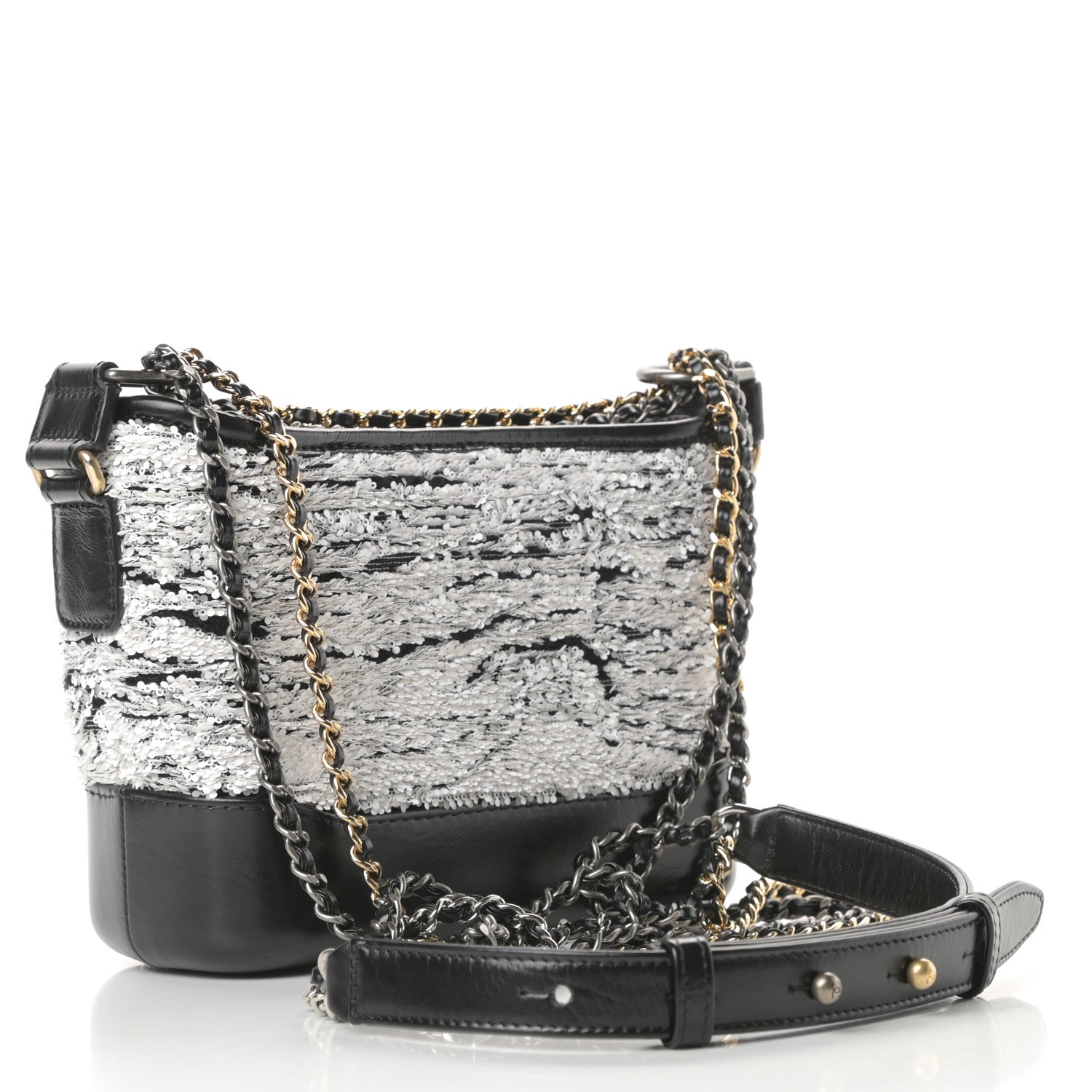 Chanel Sequin Wool Calfskin Small Gabrielle Hobo Black White 3 of 11